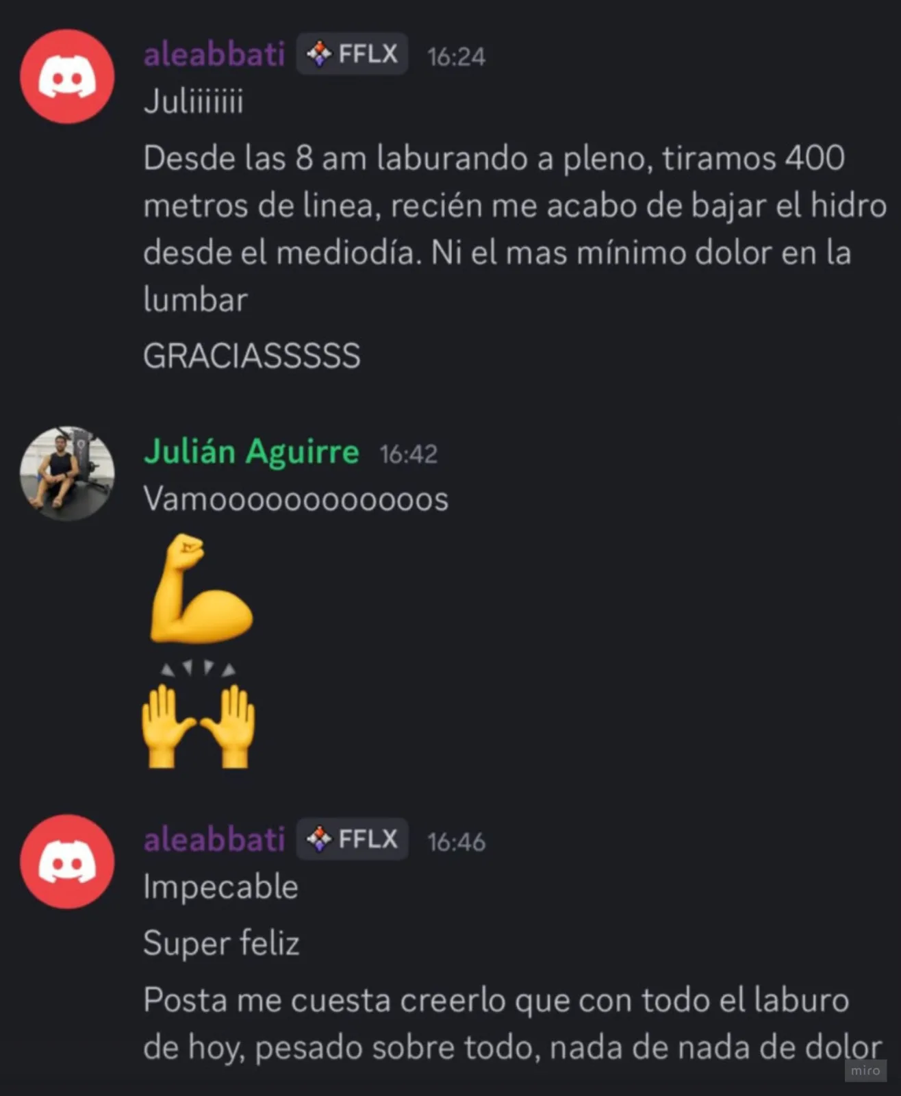 Chat de Ale Abbati con Julián Aguirre contando que no tuvo dolor lumbar
