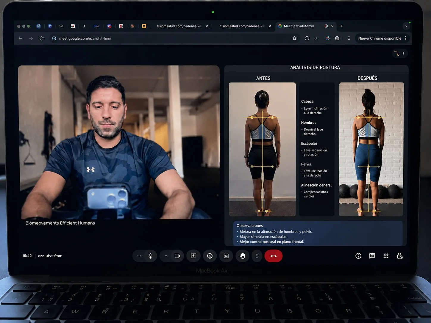 Videollamada de evaluación con análisis de postura antes y después